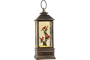 QUALDOUT Christmas Snow Globe Lantern Water Glittering 10'' Cardinal with Music & Timer, USB Lined/Battery Operated Lighted Lantern for Christmas Festival Decoration Gifts