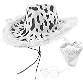 JIANGLAI Cow Print Cowboy Hat with Feathers, Heart Sunglasses and Bandana for Women Western Party Cowgirl Costume Accessory