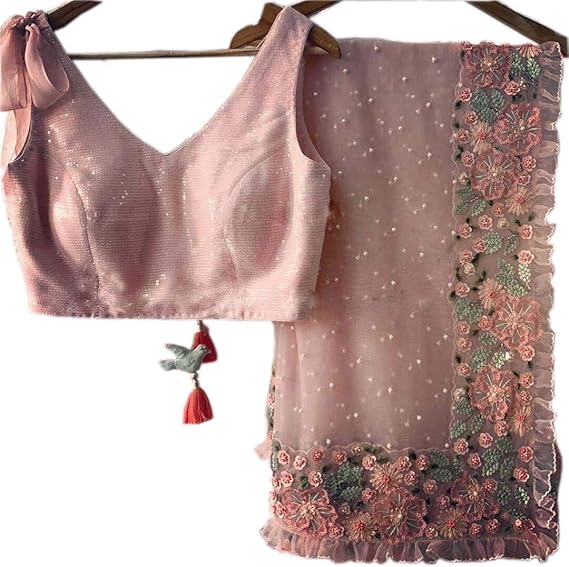 Women's Net Embroidery Saree (Peach)