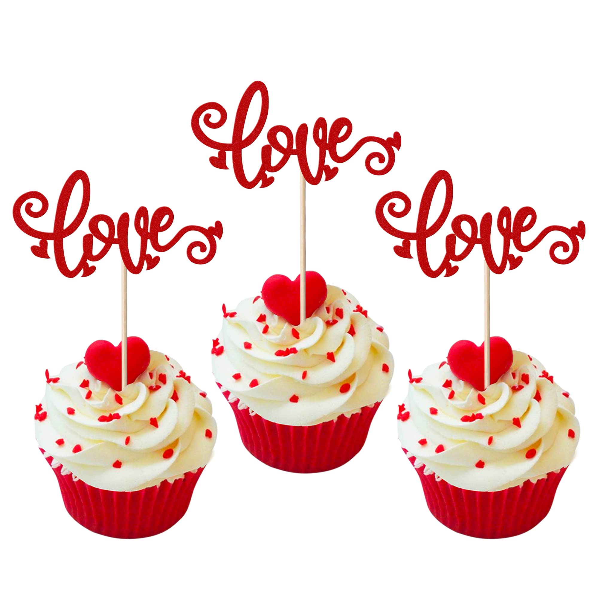 SYKYCTCY 36 Pack Valentine's Day Love Cupcake Toppers Glitter Heart Sweet Love Cupcake Picks Valentine's Day Theme Wedding Engagement Bridal Shower Birthday Party Cake Decorations Supplies Red — image 1