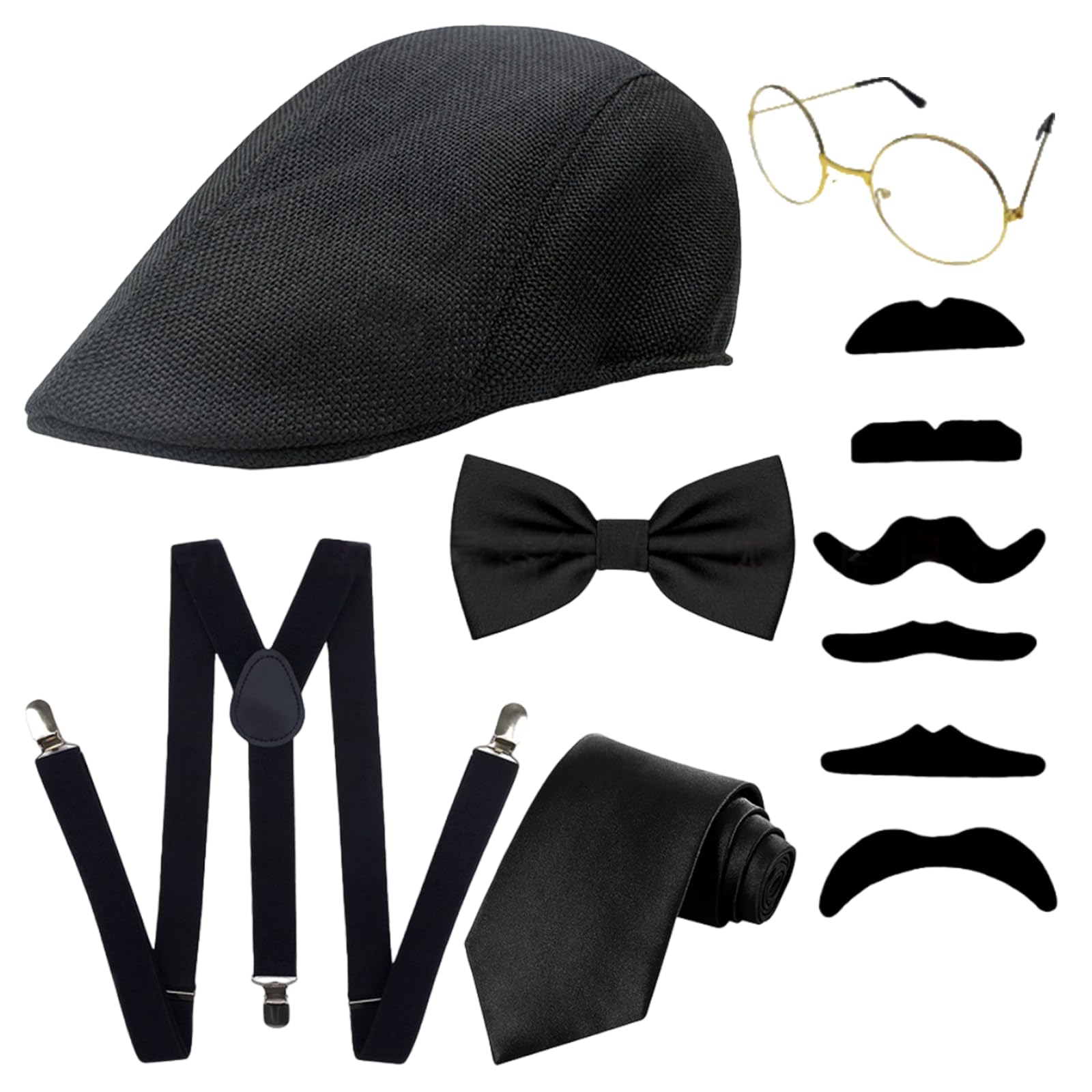 SSKHE 1920s Gatsby Costume Accessories Set, Fancy Dress for Men with Beret Glasses Bow Tie Fake Beard Suspenders Gangster Costume Set for Gatsby Cosplay Party,Gangster Roaring Accessories