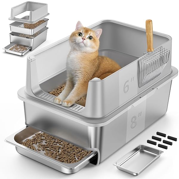23.6X16X14” SIFTING LITTER BOX WITH DRAWERS, STAINLESS STEEL DRAWER LITTER BOX WITH 6” LID & METAL SCOOP, XL CAT LITTER TRAY, ODOR-CONTROL & SAVES CLEAN TIME, FITS MOST CATS