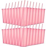 LEIFEOSH 24 Pack Plastic Tumblers with Lids and Straw, Reusable Cups with Lids and Straws Colorful Cups for Cold Drink Iced Coffee, Plastic Tumbler Bulk for Party Birthday Gifts (24 oz, Light Pink)