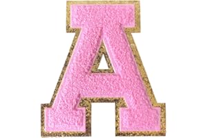 GUYI GYGYL 3PCS Chenille Varsity Glitters Letters Patch, Iron on Large Size Letter Patches for Team Costume Decoration, Height 4-1/2In, Pink Letter A