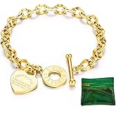 18k Gold Plated/Silver Heart Charm Bracelet for Women Elegant Stainless Steel Love Heart OT Clasp Bracelet Valentine‘s Day Jewelry Gift for Her Green Gift Bag Packaging, New Year Birthday Anniversary