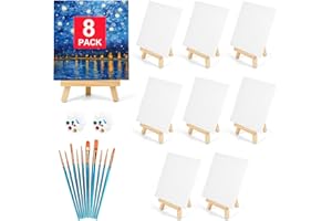 POMAYLOR 8 Pack 8 * 10In Canvas Boards for Painting, Art Canvas for Drawing with 10 Brushes & 2 Paint Trays, Mini Painting Canvas with Easel Set, Painting Kits for Adults & Kids Party
