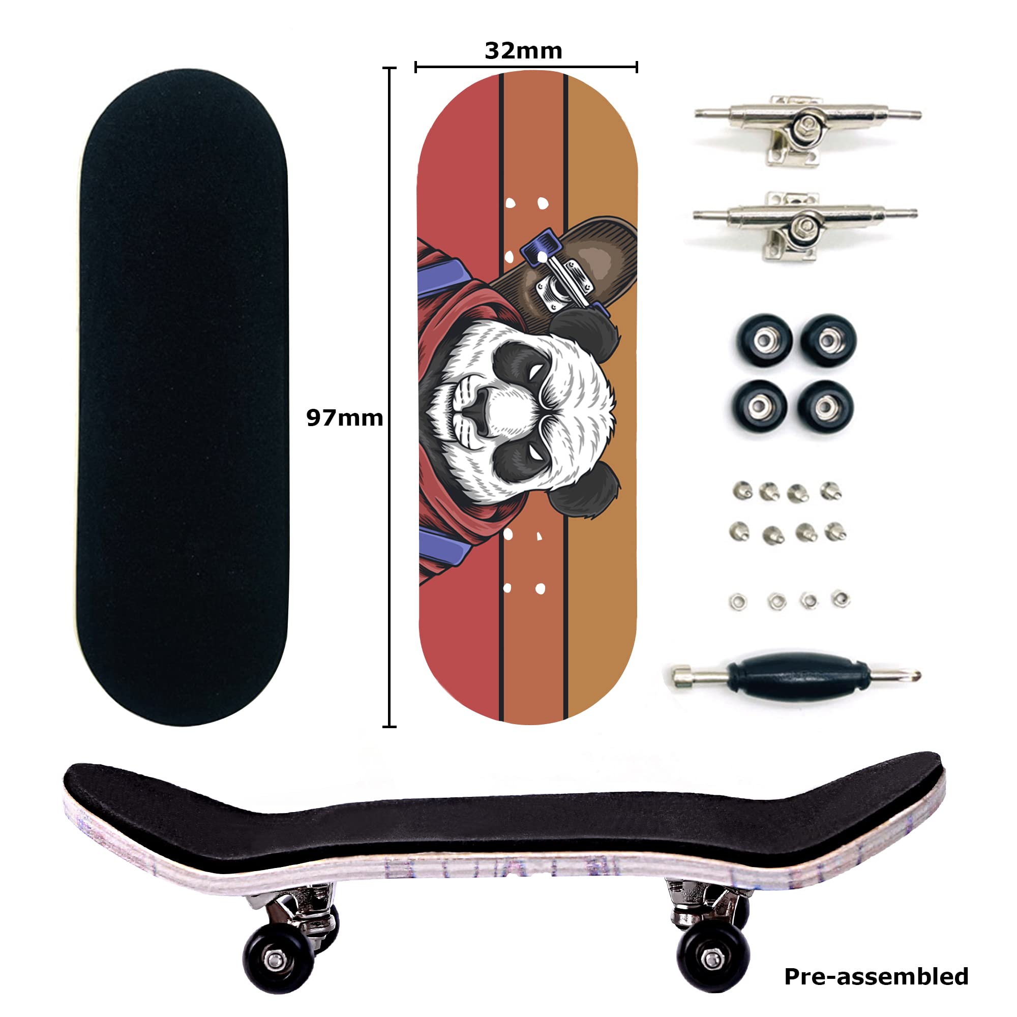 Professional Complete Wooden Fingerboard 32/34mm 5-Ply Maple Finger Skateboard with Upgraded Components (SK-Panda)