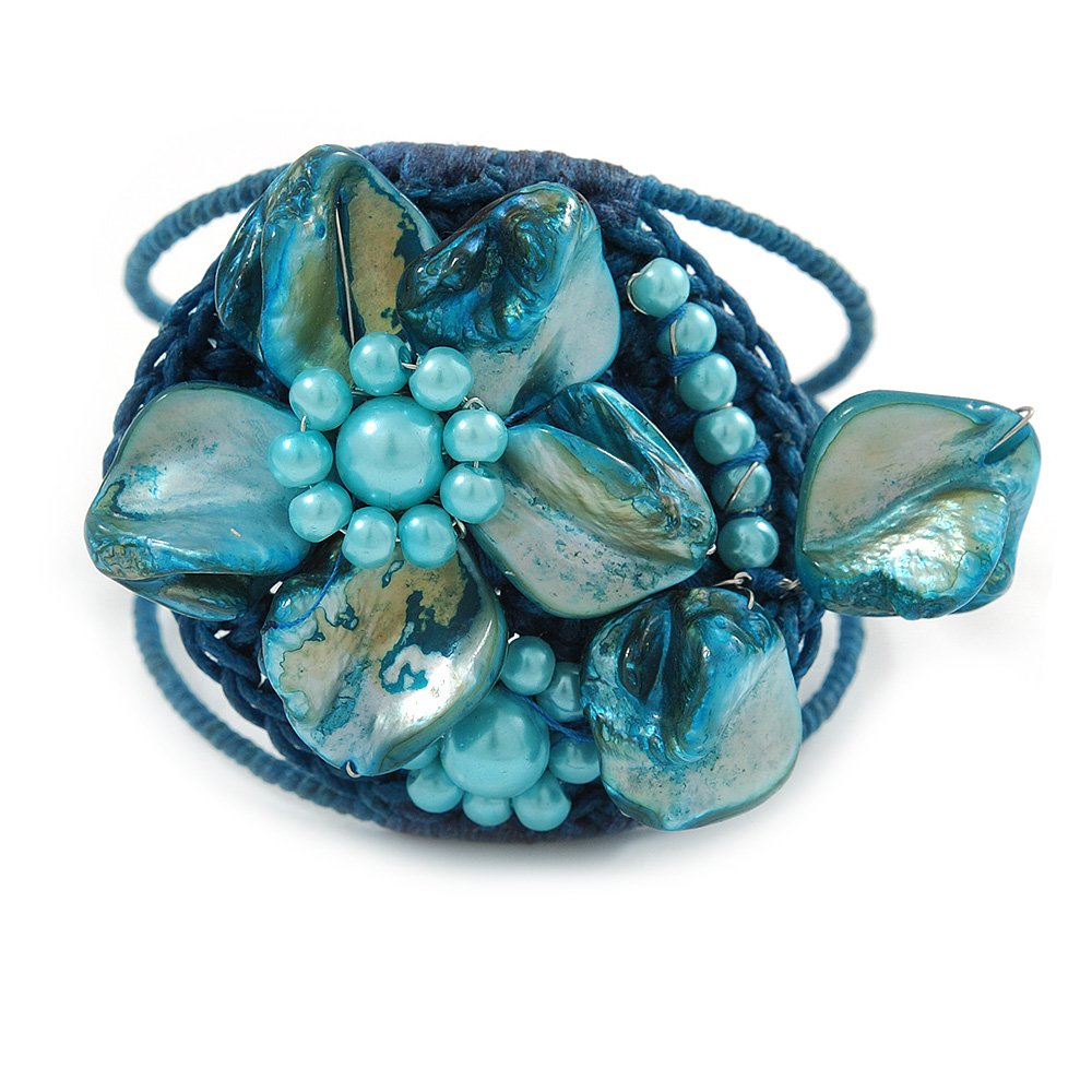 Avalaya Light Blue Shell Bead Flower Wired Flex Bracelet - Adjustable