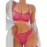 SOLY HUX Women's Mesh Solid Sheer See Through Lingerie Set Sexy Lace Bra and Panty 2 Piece