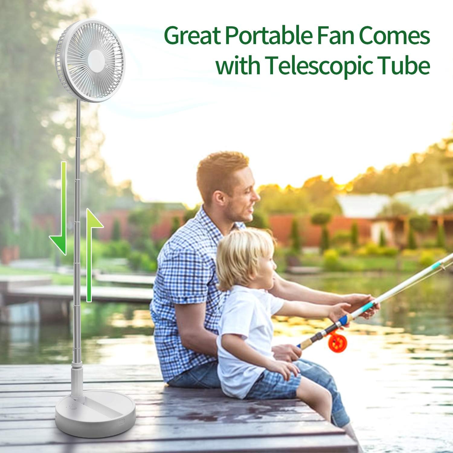 Foldaway Rechargeable Standing Fan Battery Operated 8'' for Camping, Fishing, home, Office, Outdoor Activities, 3 Speed Modes 7200 MAH with Folding Telescopic Link 39 Inch Height (WHITE): Kitchen & Dining
