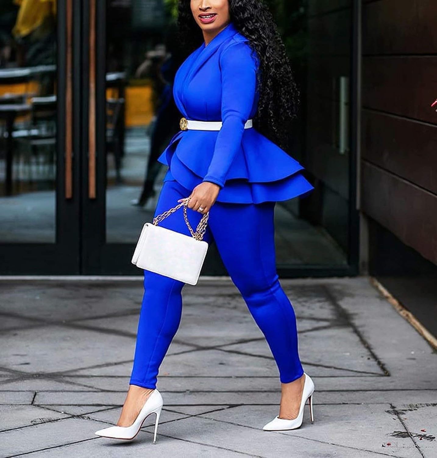 Womens Two Piece Outfits-Sexy V Neck Blazer with Skinny Long Pants Slim Fit Ruffle Pelplum Business Suit Sets