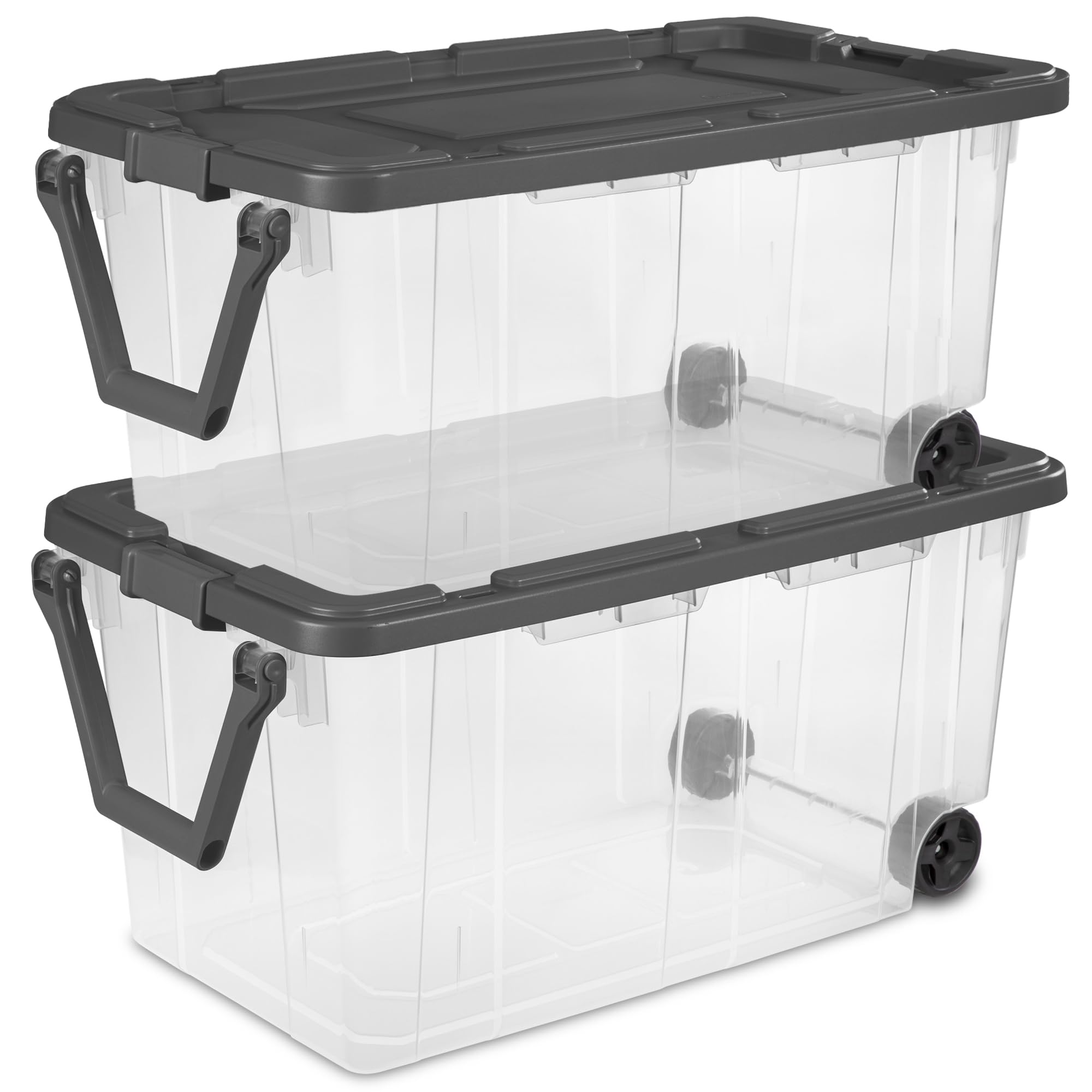 Photo 1 of Sterilite 2-Pack Stackable Storage Bins w/ Latching Lids & Wheels, 160 Qt., Gray Lid