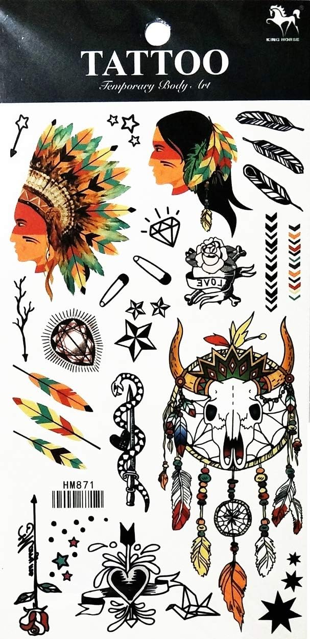 PARITA Tattoos Temporary Native American Indian Head Tattoo Fake Stickers Cartoon Tattoo Art Fashion Fantasy Fun Party Waterproof Removable for Kids Teens Adults (1 Sheet.) (09)