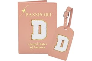 ULICO Initial Passport Cover Holder and Luggage tag Set,PU Leather Passport Case Travel Suitcase Tag with Letter Patch, Personalized Travel Luggage Accessories Gifts for Women Grils Teenage Pink D