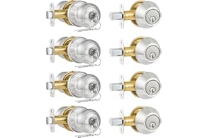 Plustool 4 Pack Exterior Door Lock Set, Satin Nickel Door Knob and Deadbolt Combo Set, Keyed Alike Entry Door Knobs with Lock&Keys, Round Ball Door Locksets with Deadbolt for Entrance and Front Door