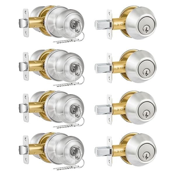PLUSTOOL 4 PACK EXTERIOR DOOR LOCK SET, SATIN NICKEL DOOR KNOB AND DEADBOLT COMBO SET, KEYED ALIKE ENTRY DOOR KNOBS WITH LOCK&KEYS, ROUND BALL DOOR LOCKSETS WITH DEADBOLT FOR ENTRANCE AND FRONT DOOR