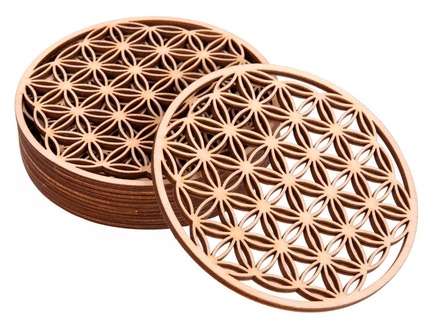 ProArts Flower of Life Coasters - Wooden Coasters 8 Pieces 10x10cm - Flower of Life for Purification and Meditation - Wooden Spiritual Symbols
