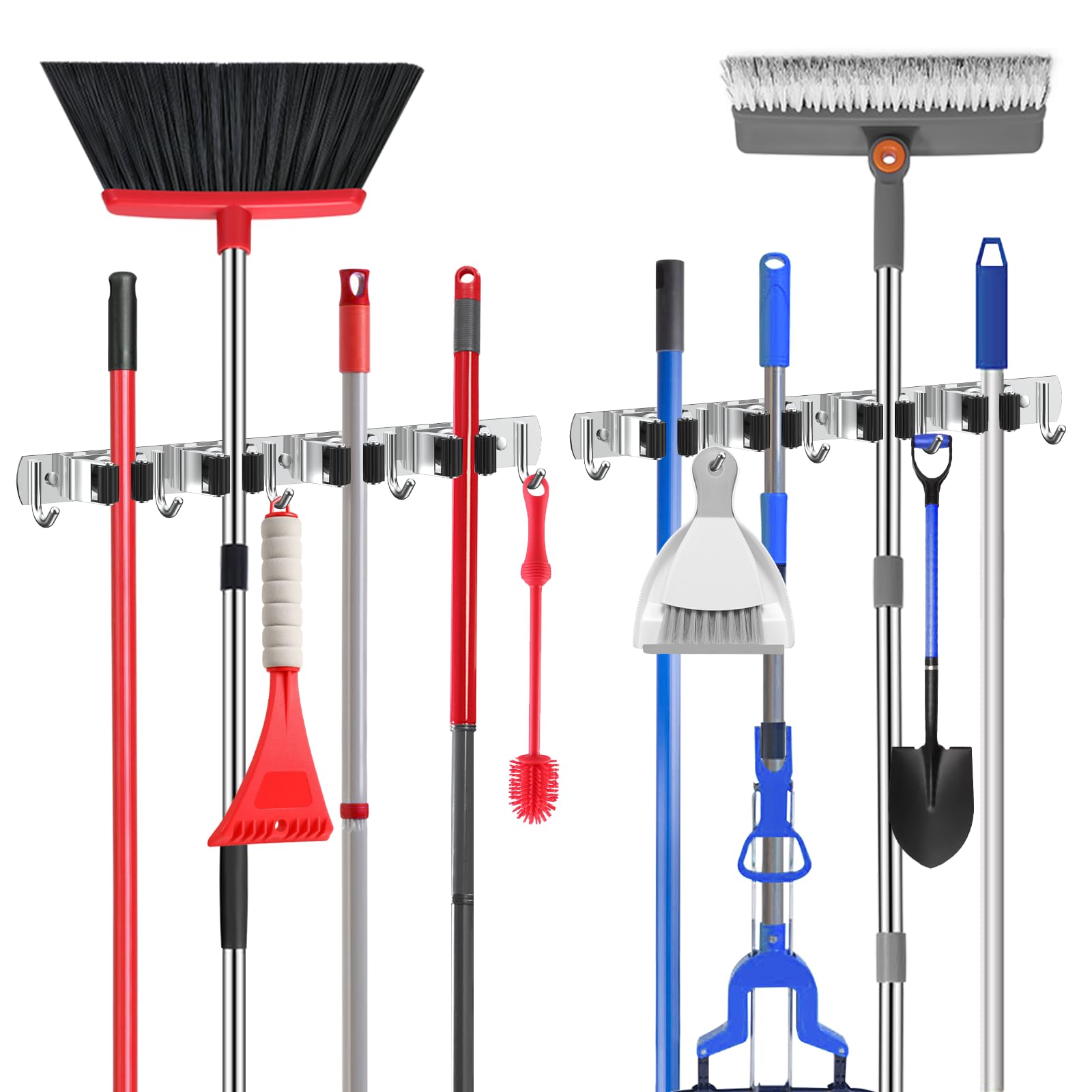 View 1 of 2 Pack Broom Holder Wall Mount Mop Hanger, Stainless Steel 4 Racks 5 Hooks Self Adhesive Heavy Duty Tool Organizer for Garage Kitchen Garden Laundry Room Home (Silver?
