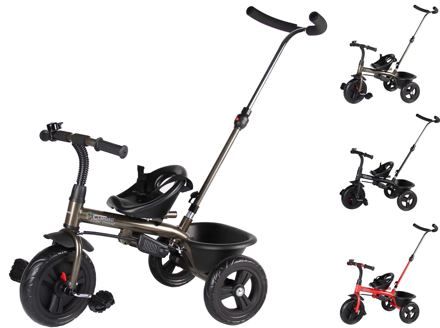 Clamaro 'Buttler Basic' 2in1 Kinderwagen Dreirad ab 1 Jahr mit lenkbarer Schubstange, mit flüsterleisen Gummireifen, Vor- und Rücklauf, Kinderdreirad für Jungen und Mädchen - Bronze