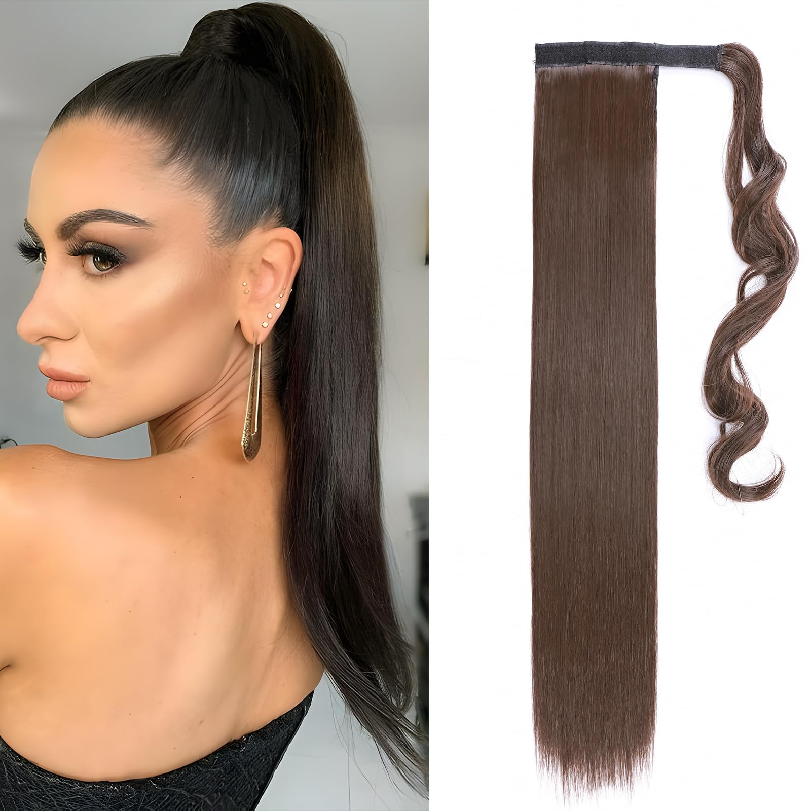 Wrap Around Ponytail Hair Extension 23inch One Piece Clip in Pony Tail Light Brown Synthetic Straight Hairpiece