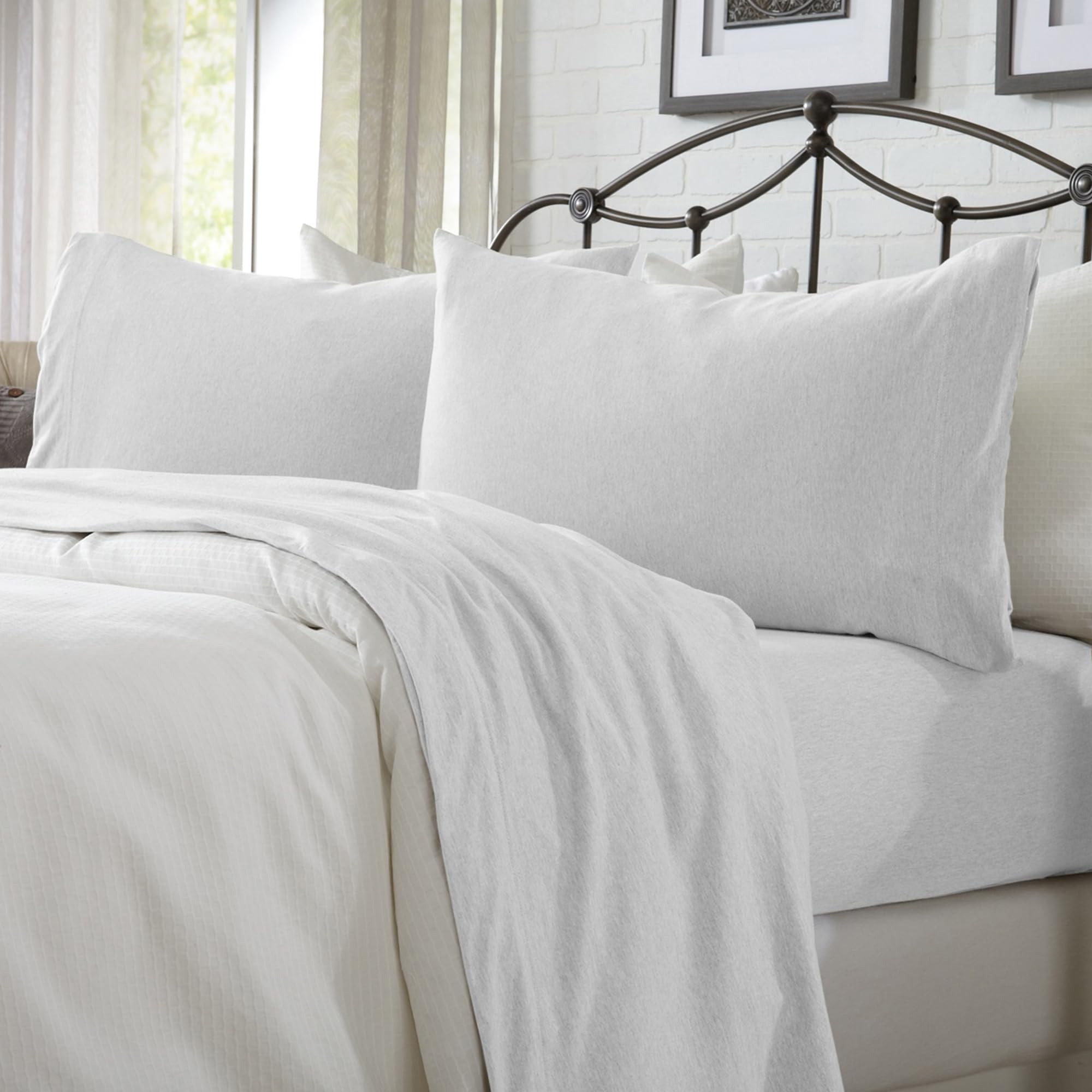 Photo 1 of Great Bay Home Cotton Jersey Knit Twin Sheet Set - Ultra-Soft, Stretchy, Heathered Melange White Bed Sheets - Cozy, Soft T-Shirt Sheet & Pillowcase Set