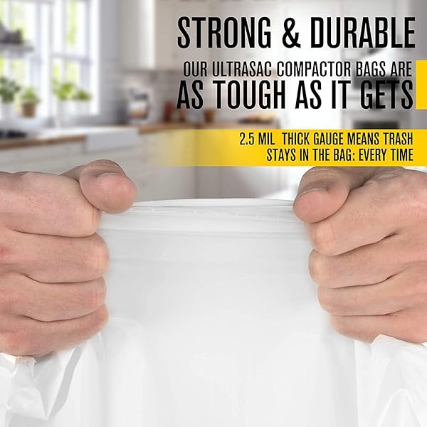 ULTRASAC TRASH COMPACTOR BAGS – (40 PACK WITH TIES) 18 GALLON FOR 15 INCH COMPACTORS – 25″ X 35″ HEAVY DUTY 2.5 MIL GARBAGE DISPOSAL BAGS COMPATIBLE WITH KITCHENAID KENMORE WHIRLPOOL GE GLADIATOR