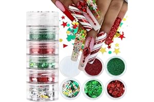 QDSUH Christmas Nail Art, 6 Boxes Holographic Snowflake Nail Art Glitters Flakes with Glitter Powder Green Red Xmas Tree Snowflake Stars Winter Christmas Nail Design for Acrylic Nails