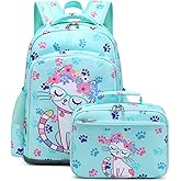 Octsky Backpack for Girls Kids School Backpacks with Lunch Box Preschool Kindergarten BookBag Set With Chest Strap Cat Lake