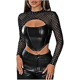 Floerns Women's Y2K Glitter Rhinestone Mesh Sheer Long Sleeve Crop Tops Party Club Festival Outfit