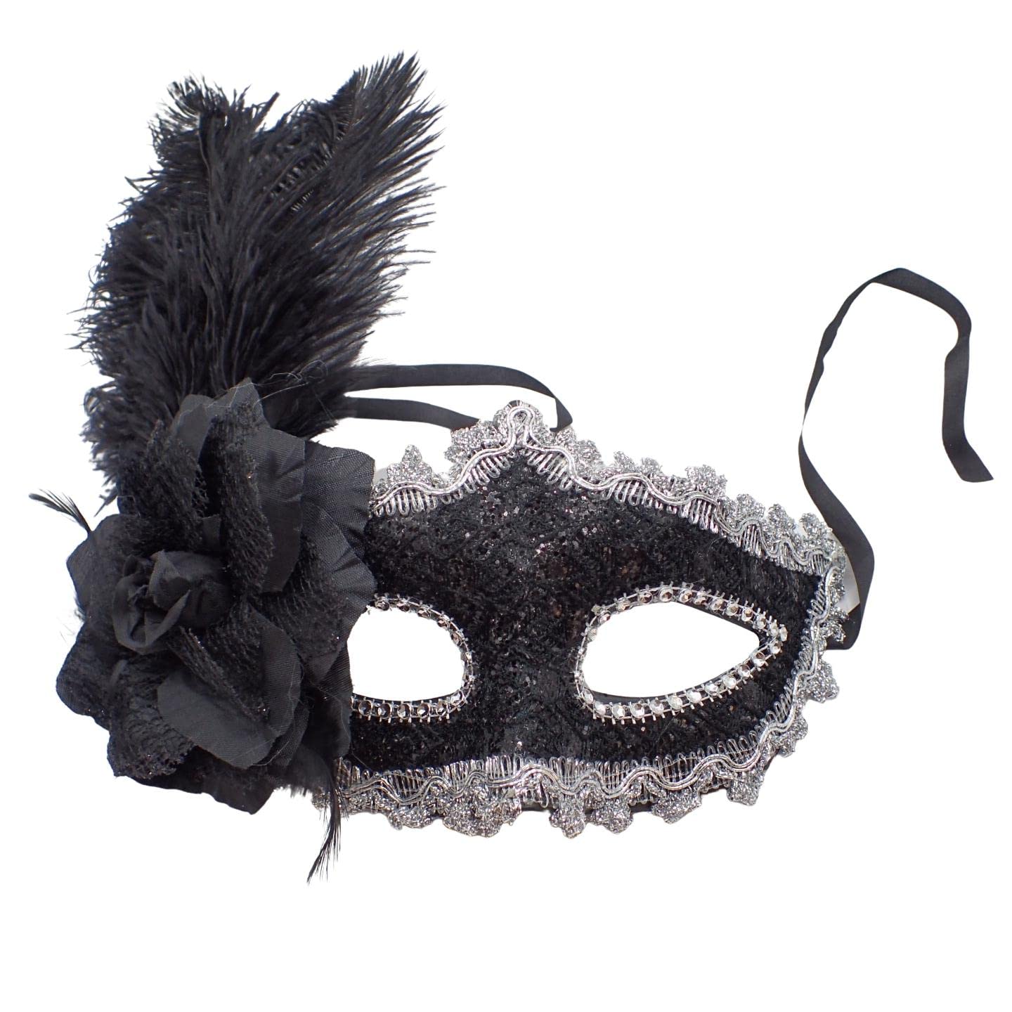 Topkids Accessories Feather Masquerade Mask, Venetian Mask Halloween Mask, Masks for Masquerade Ball, Fancy Dress Adult, Cosplay accessories, Black Lace, Halloween Masks (Silver Trim) — image 1