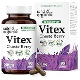 Wild & Organic Vitex Chasteberry Supplement for Women - Peri Menopause Supplements for Women - Vitex Berry Powder Capsules - Chaste Tree Berry Agnus-Castus - Vegan, No Fillers, Non-GMO - 90 Count