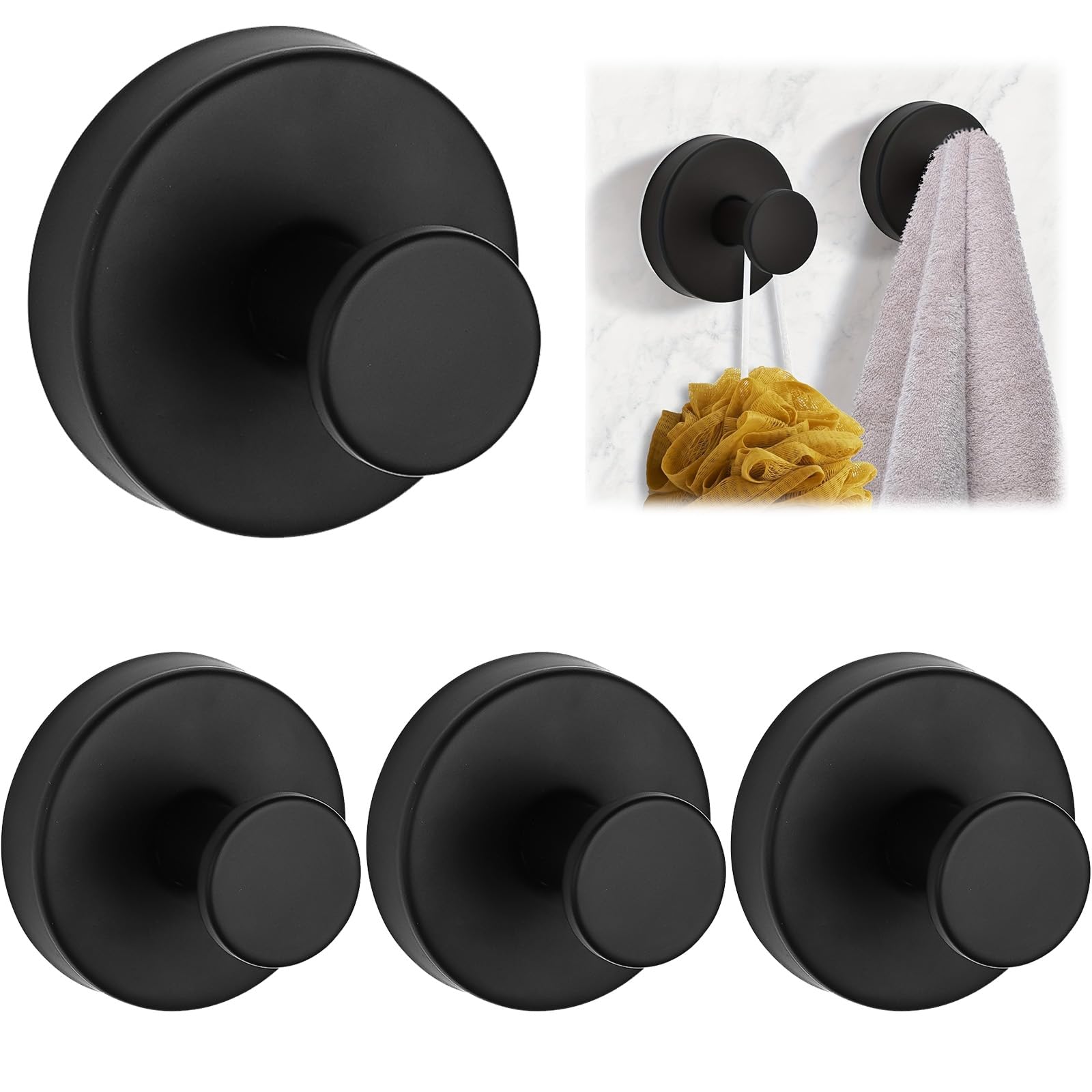 ZOCONE 4 Pcs Suction Hooks No-Drill Stainless Steel Vacuum Shower Suction Cup Hooks | Reusable Black Towel Suction Hooks for Bathroom Kitchen