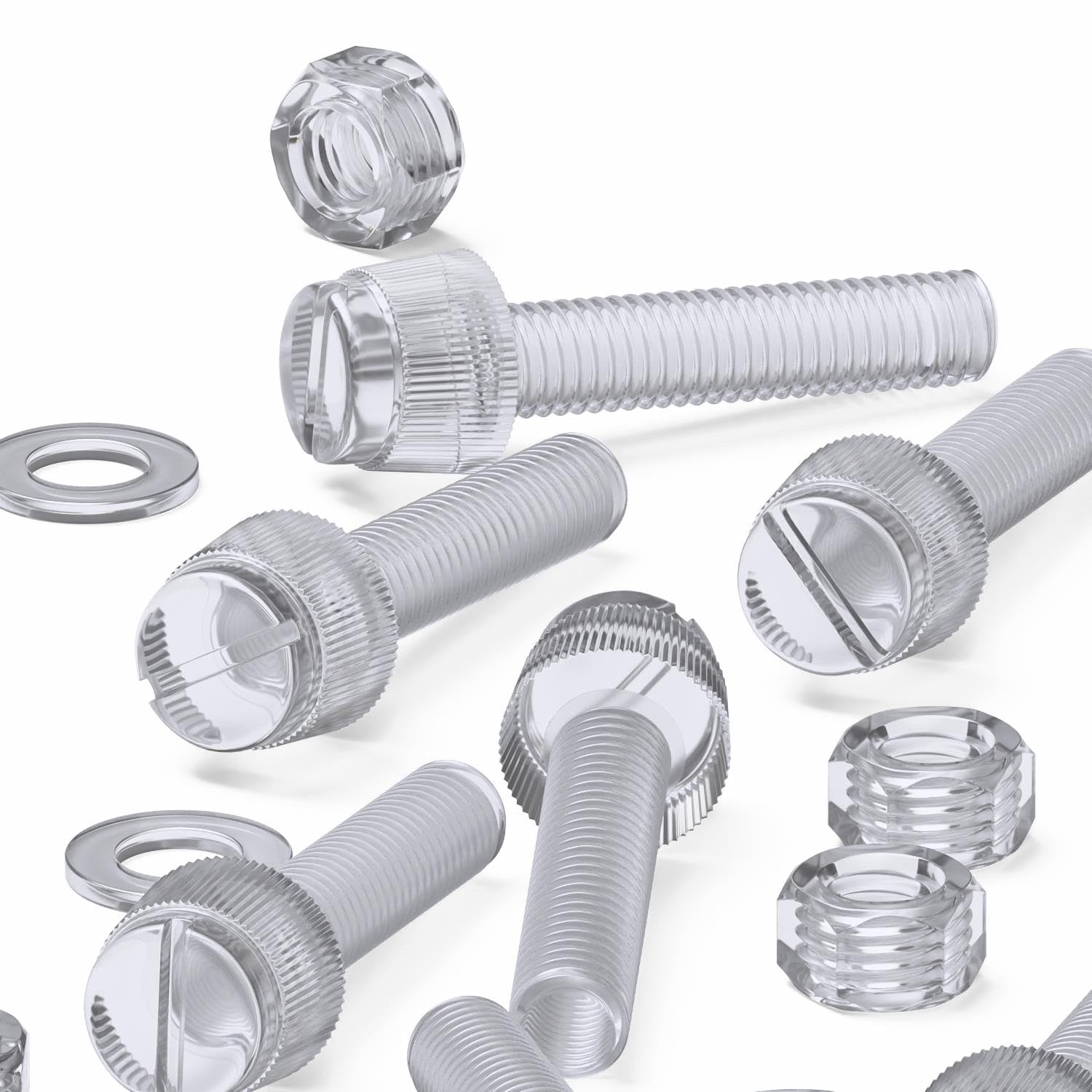60x Transparent Clear Plastic Acrylic Thumbscrews, Slotted+knurled M5 x 25mm, Nuts, Washers & Bolts