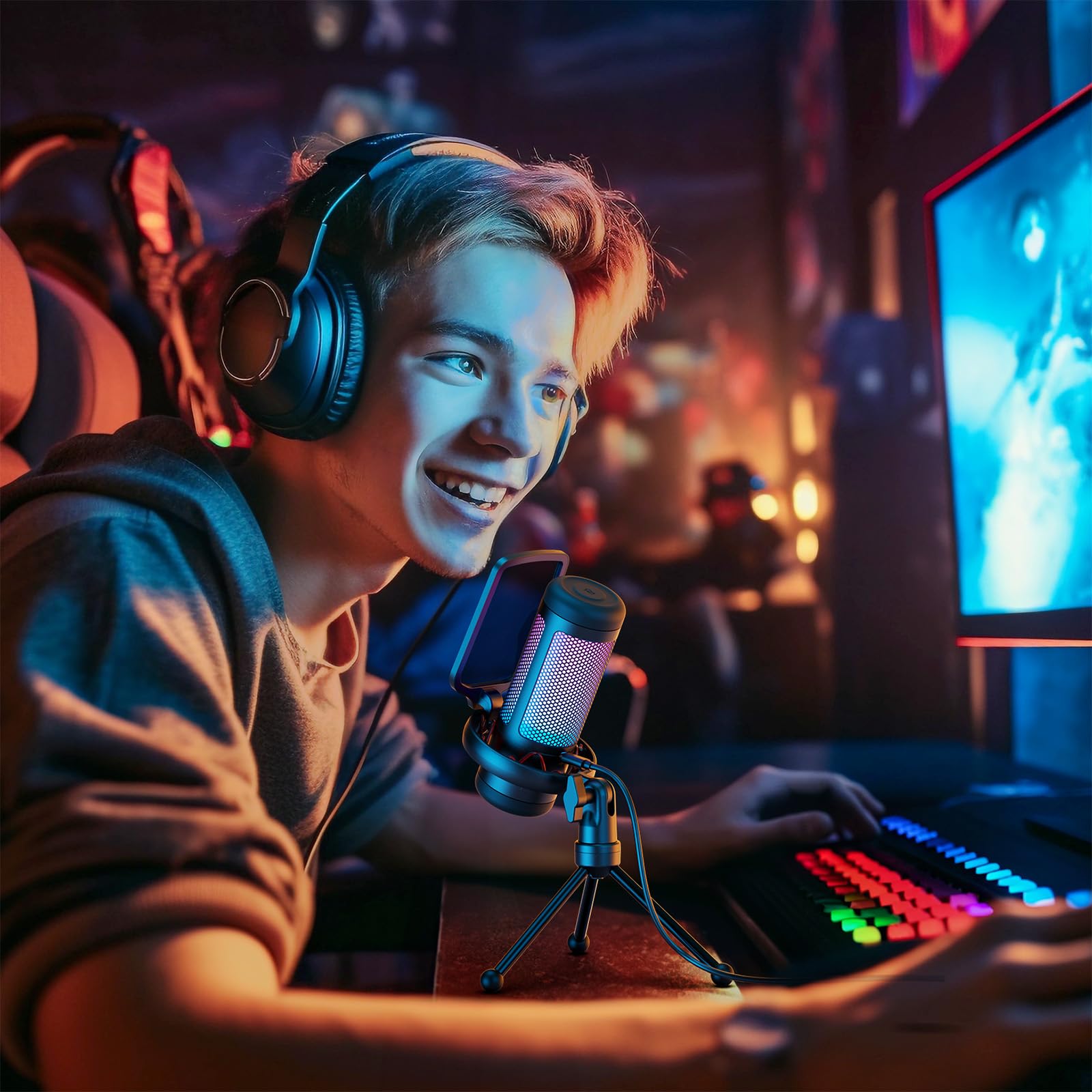 TONOR USB Gaming Microphone for PC, Cardioid Condenser Mic with Adjustable RGB Modes & Brightness, Quick Mute, Gain Control, for Streaming, Podcasting, Recording, PS4/5 Desktop Mic TC310