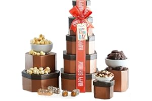 Birthday Gift Basket Tower for Women, Him, Gourmet Snacks & Sweets Food Gifts, Treat Box with Cookies, Delicious Treats, Candy Surprise by Broadway Basketeers