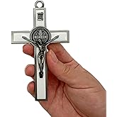 BONITTER Antique Silver Crucifix Wall Cross-St. Benedict Metal Wall Art-5.0 InchX2.7 Inch Black White Brown Enamel Give Blessing and The Spiritual Sacred:Faith Gift for your Acquaintances (White)