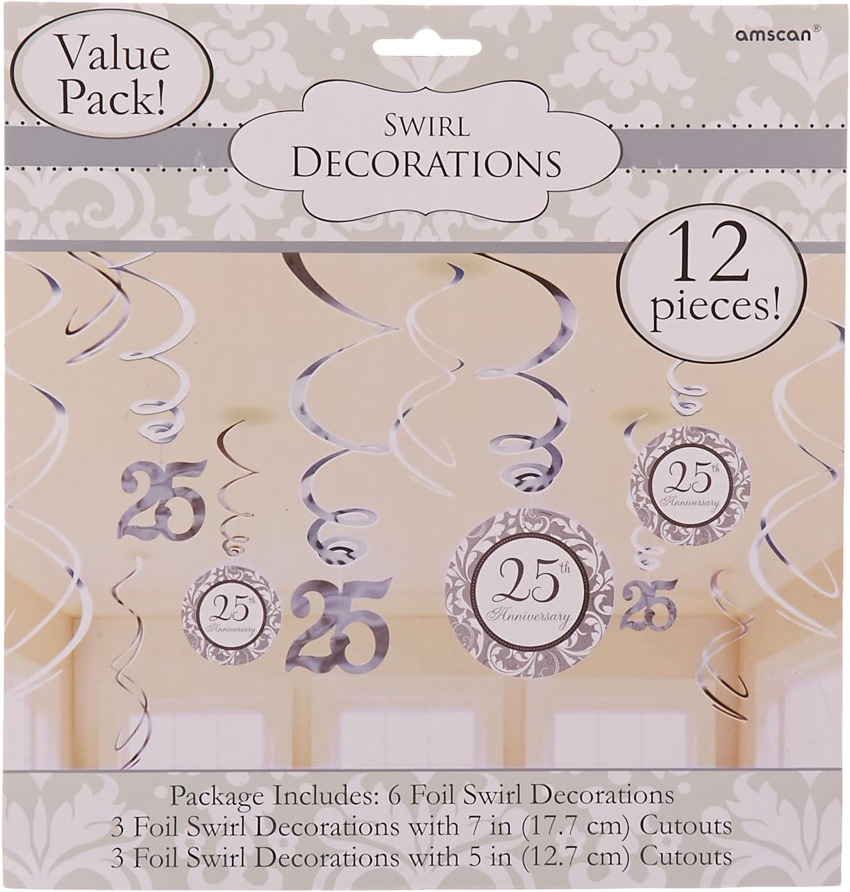 amscan International Silver Anniversary Hanging Swirl Decorations, Pack of 12 - Image 3