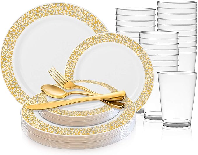 360 Piece Elegant Disposable Plastic Dinnerware Set for 60