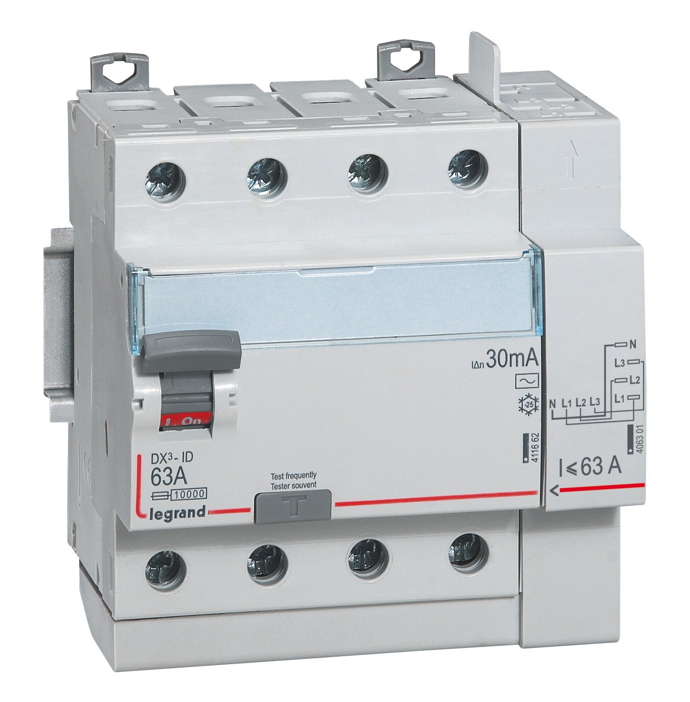 Legrand dx-id LEG411653 Differential Switch - Screw and Automatic Connection - 4-Pin - 400 V - 63 A - Type AC - 30 mA - 5 m Output on Top