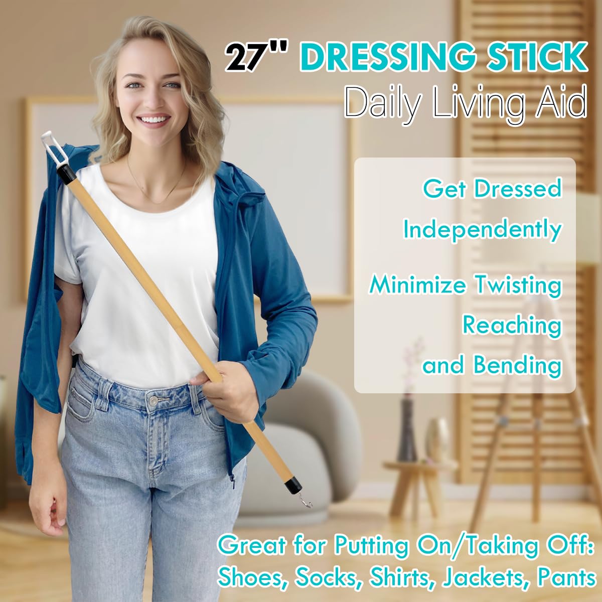 27'' Dressing Stick, Long Dressing Stick for Elderly, Disabled, Limited Mobility – Daily Living Dressing Aid Stick for Hip Replacement, Back - Dressing Aid for Pants, Shoes, Socks