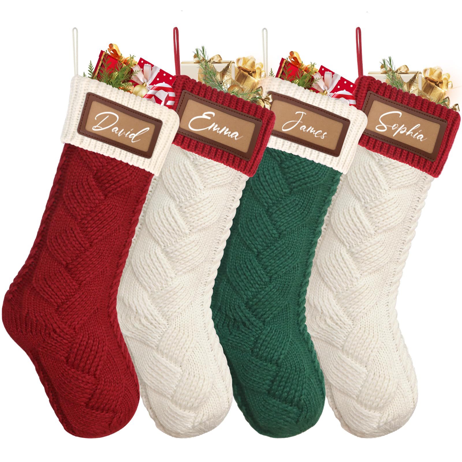 Dremisland 4PCS Personalized Knitted Christmas Stockings 18” Large Cable Knitted Customized Stocking Red Green Christmas Stocking Fireplace Hanging Sock Gift Bag for Holiday Xmas Party Family Decor