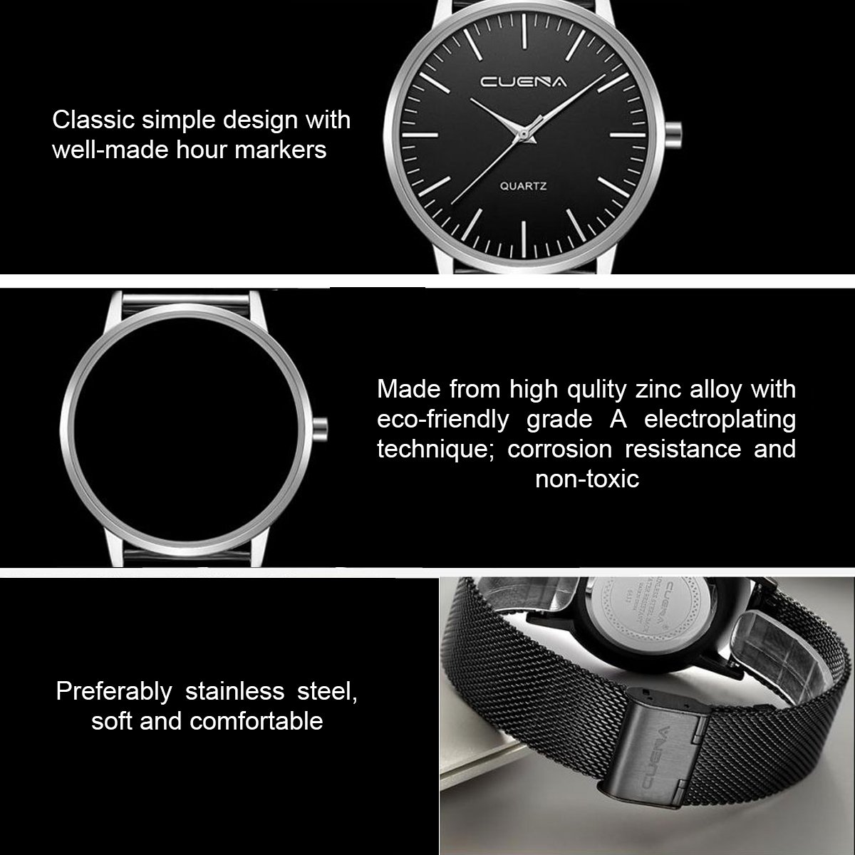 Men\'s Wrist Quartz Watch, Simplicity Classic Stainless Casual Watch, Milanese Mesh Band by CUENA, Black