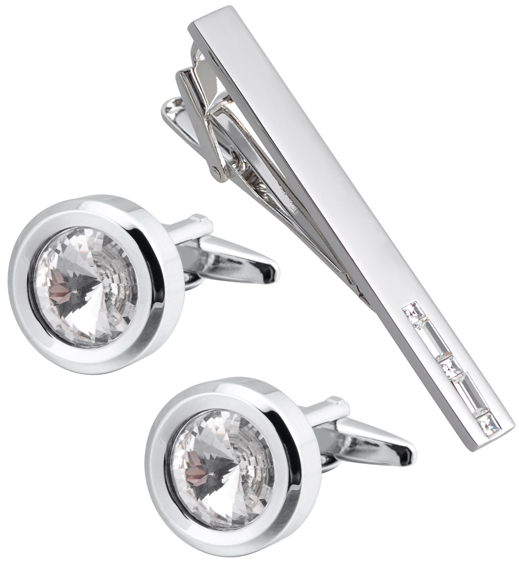 Jonwo Round Diamond Cutting Crystal Men Cufflinks and Tie Clip Set Regular Necktie Tie Pin Cuff Links for Wedding Business Shirt Tie (Transparent Crystal Tie Clip Cufflinks Set)