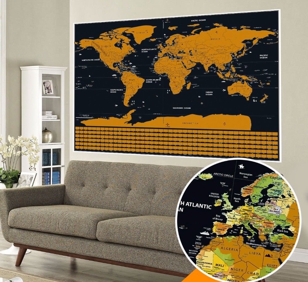 Scratch Map Art,Scratch off World Map,Interactive Travel Scratch Map Black and Gold Edition,Bright Colors Premium Artwork Poster for Home/Office Decor, Gift for Children Large 16.5 x 11.8 Inches (# 1)