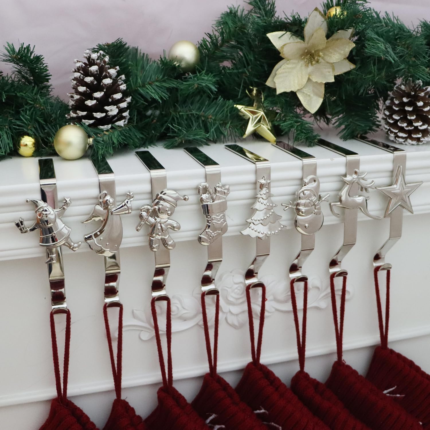 Stockings & Holders - Christmas Stocking Holder for Mantle Set of 8, Reusable Christmas Stocking Hooks, No-Damage Xmas Hanger for Fireplace mantle Grip Stand Christmas Decoration Ornaments Hanging Sliver Shelf Floor