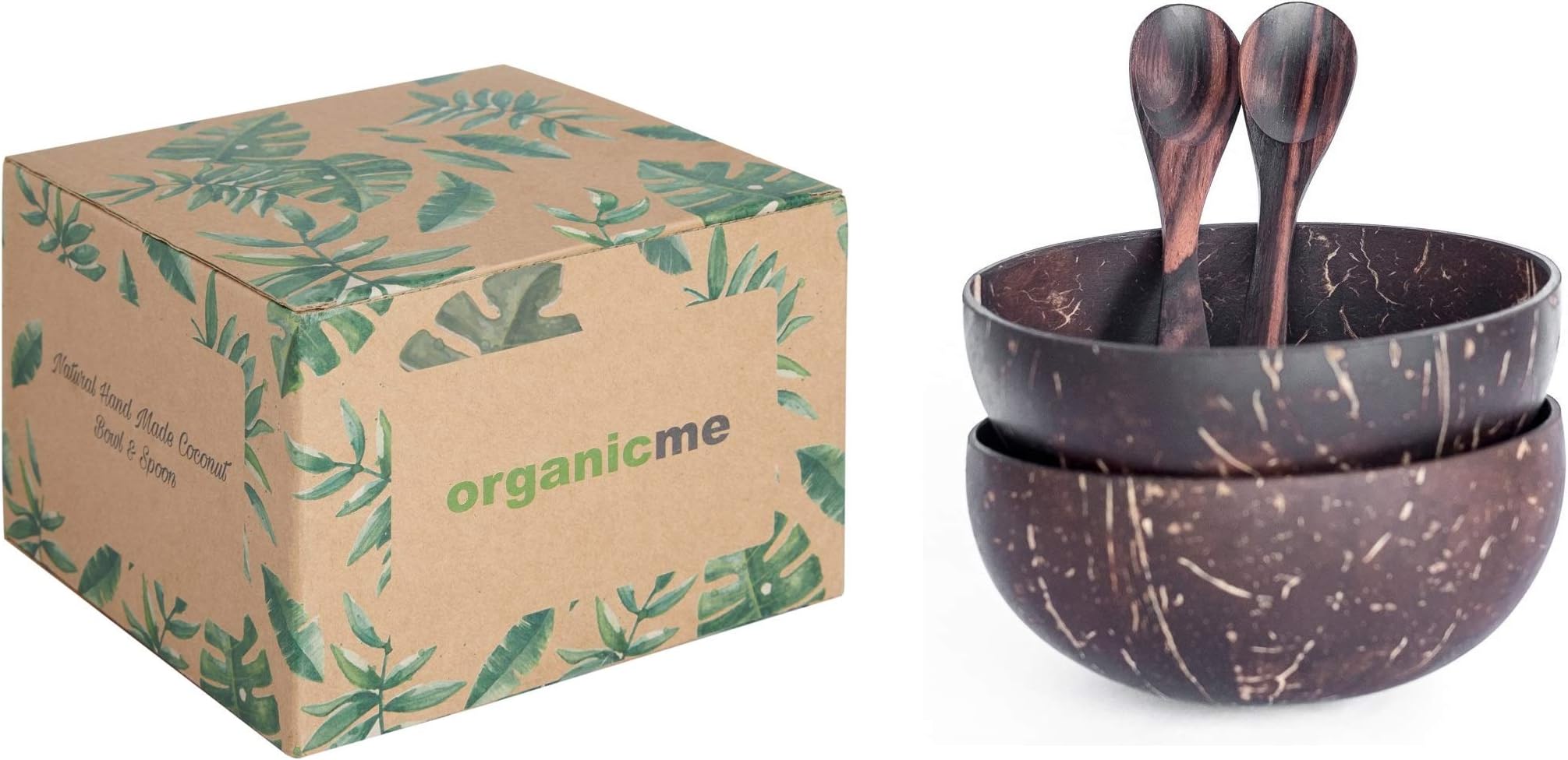 Coconut Bowl and Spoon (Sets of 2): New! Eco Friendly Packaging, 100% Natural Reclaimed Shells, Handmade, Vegan, Organic