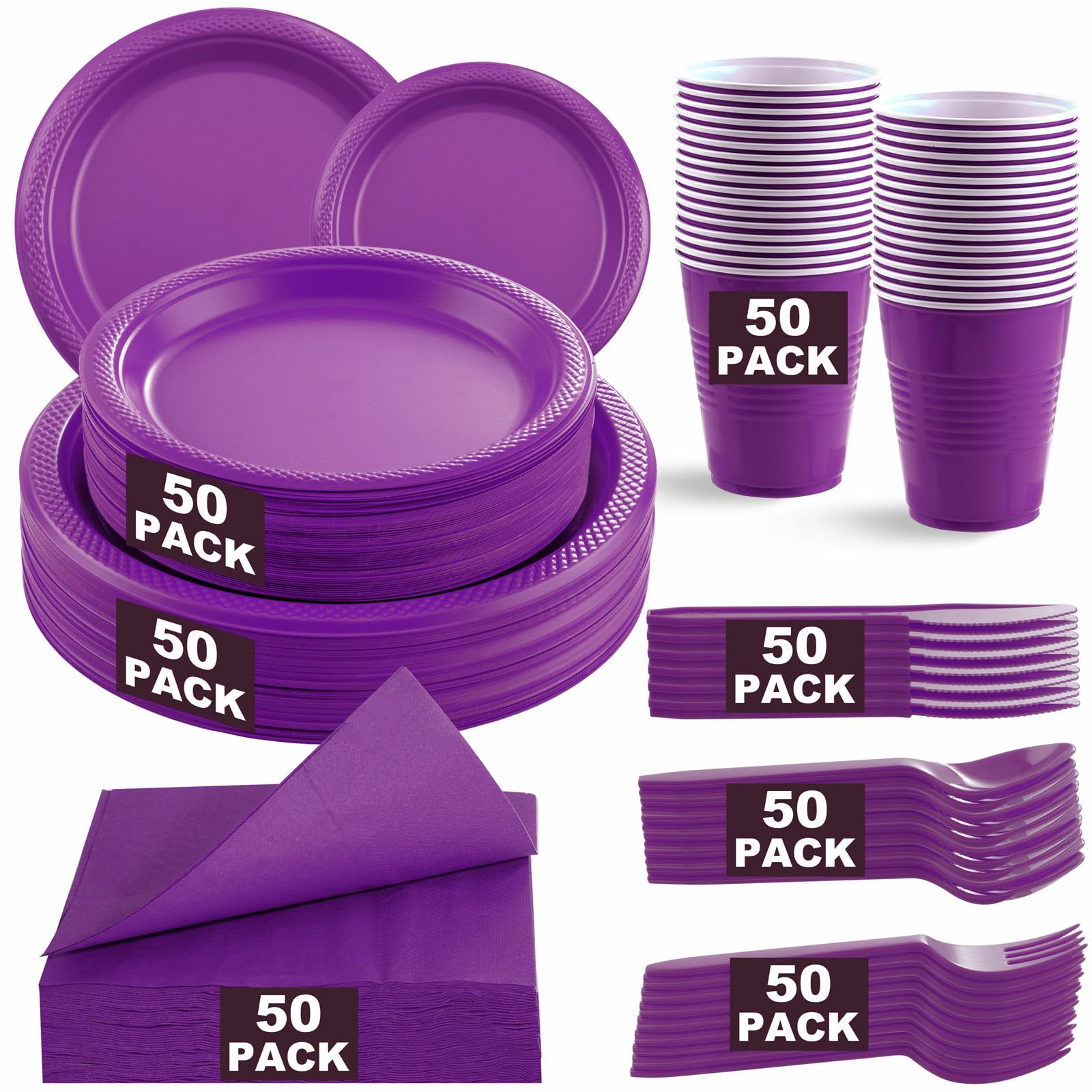 Photo 1 of MirthMood 350Pcs Purple Party Supplies, Purple Plastic Dinnerware Set, Including Plates and Napkins, Plastic Cutlery and 12OZ Cups