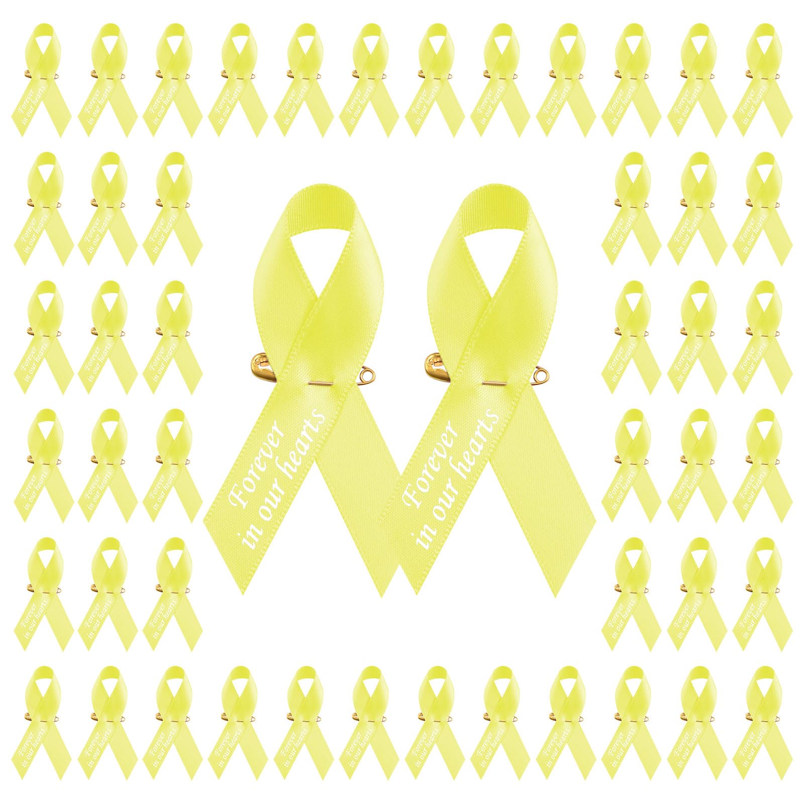 CRAFFANCY 100 PCS Yellow Satin Ribbon Pins, Memorial Ribbon Brooches in Forever in Our Hearts for Funeral Mourning Event Bereavement Remembrance — image 1
