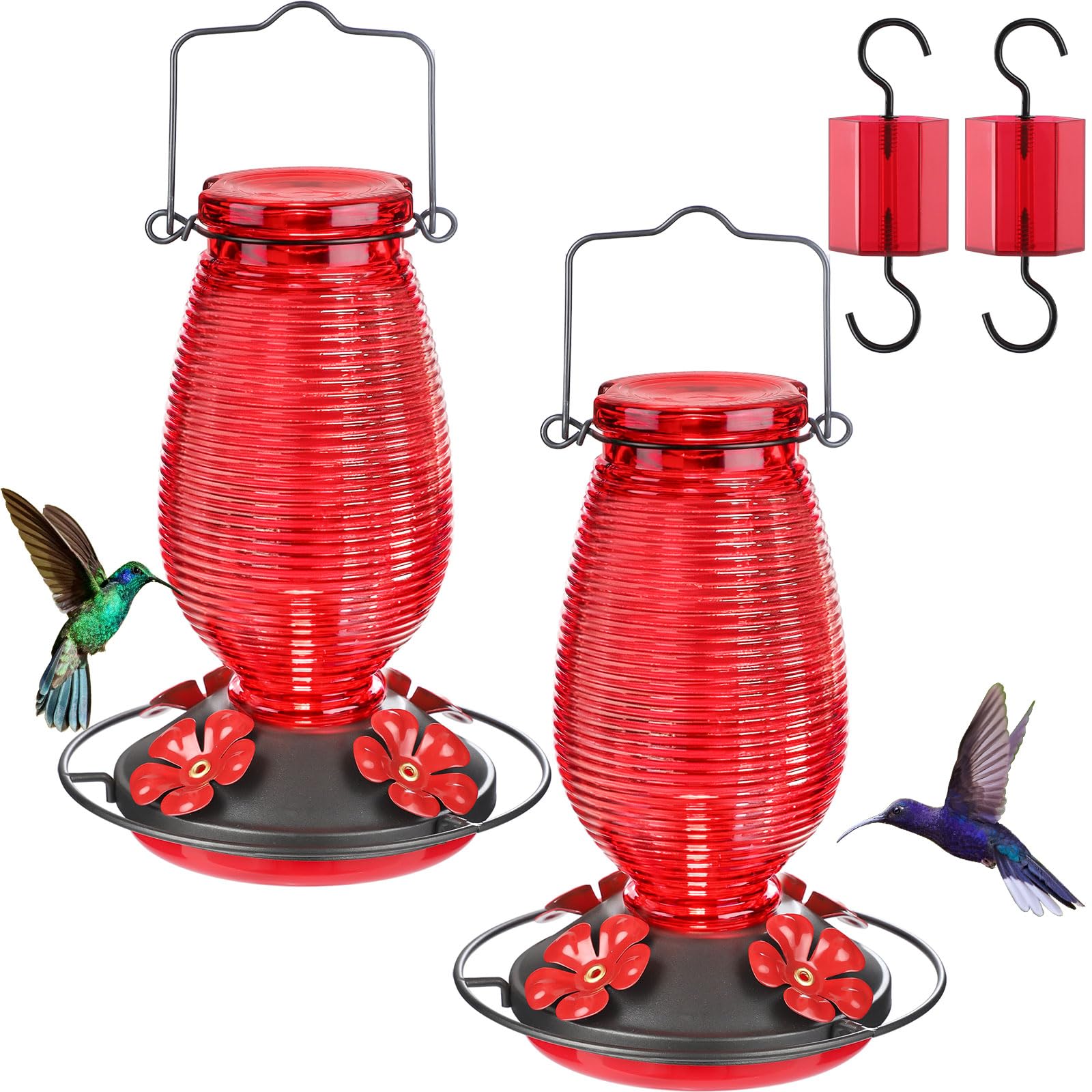 FEED GARDEN Glass Hummingbird Feeder for Outdoors Hanging, 20 OZ Humming Bird Feeders with 4 Bee Guard Feeding Ports&Built-in Ant Moat, Hummingbird Gifts for Mom, Bird Feeder for Outside, Red, 2 Pack Image