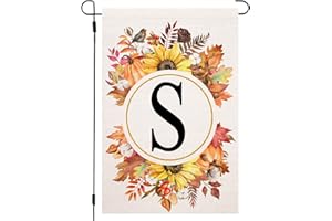 UTUICHUO Fall Monogram Letter S Garden Flag Maple Leaves Sunflower Pumpkin 12x18 Inch Double Sided for Outside Family Last Name Initial Yard Flag Seasonal Outside Decoration